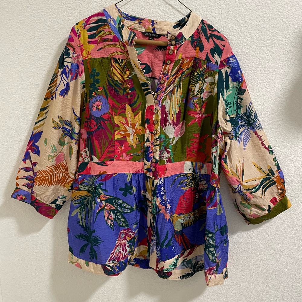 John Mark Multicolor Tropical Print Button-Front Shirt